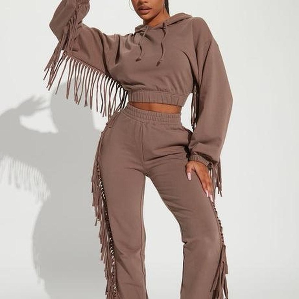 Women's Fringe Hoodie & Pants Set - Brown